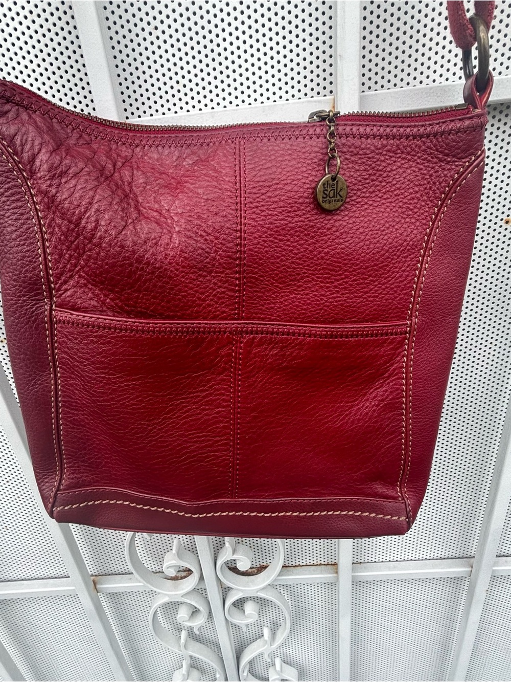 The Sak Red Leather Shoulder Bag with Front Pocket